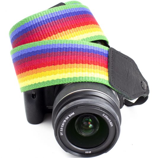 Rainbow stripe cotton camera strap.