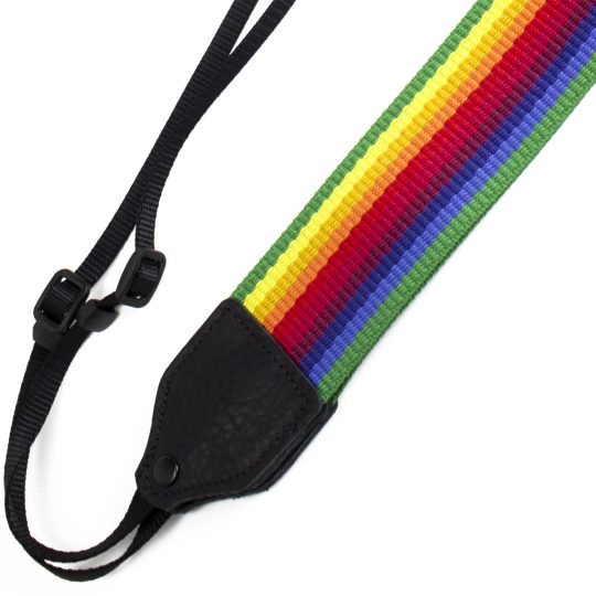 Rainbow stripe cotton camera strap.