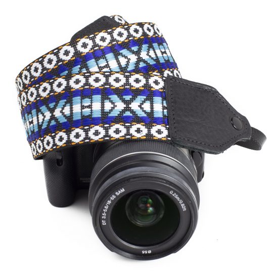 Blue / white geo hootenanny nylon camera strap.