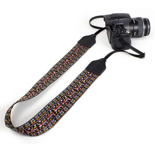 Pink / black hootenanny nylon camera strap.