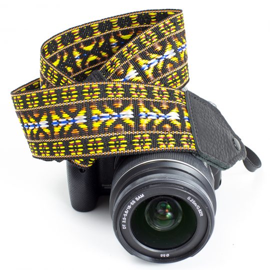 Yellow/ brown hootenanny nylon camera strap.