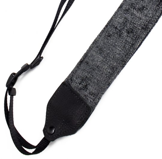 Gray wool camera strap.