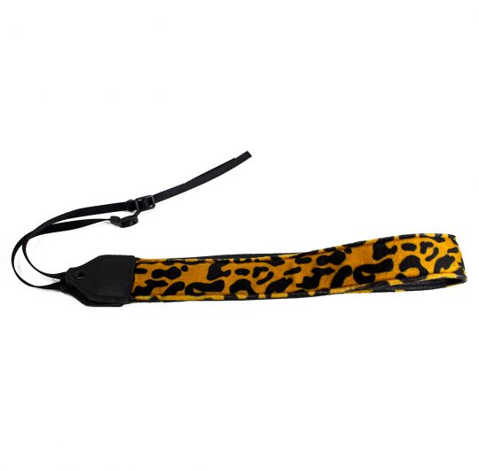 Gold / black leopard faux fur camera strap.