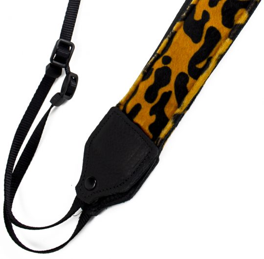 Gold / black leopard faux fur camera strap.