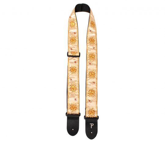 2" Gold Sun Pattern High Quality Jacquard Ribbon Guitar Strap. Sewn on Tubular Webbing With Leather Ends. Tri glide adjustable length from 39" to 58"