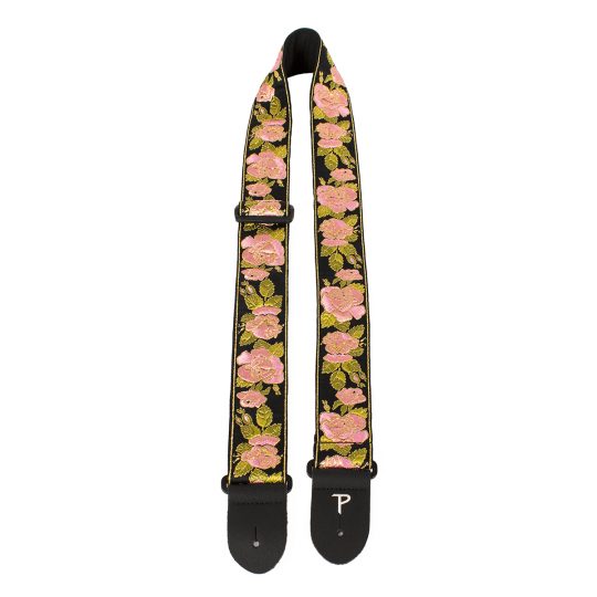 2" Pink and Black Flower Pattern High Quality Jacquard Ribbon Guitar Strap. Sewn on Tubular Webbing With Leather Ends. Tri glide adjustable length from 39" to 58"
