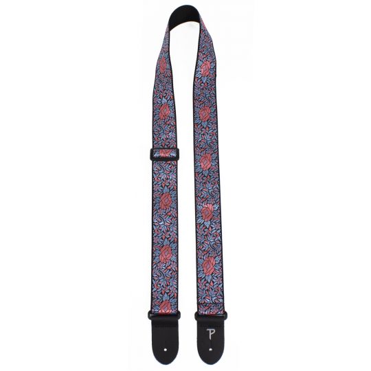2" Blue and Red Flower Pattern High Quality Jacquard Ribbon Guitar Strap. Sewn on Tubular Webbing With Leather Ends. Tri glide adjustable length from 39" to 58"