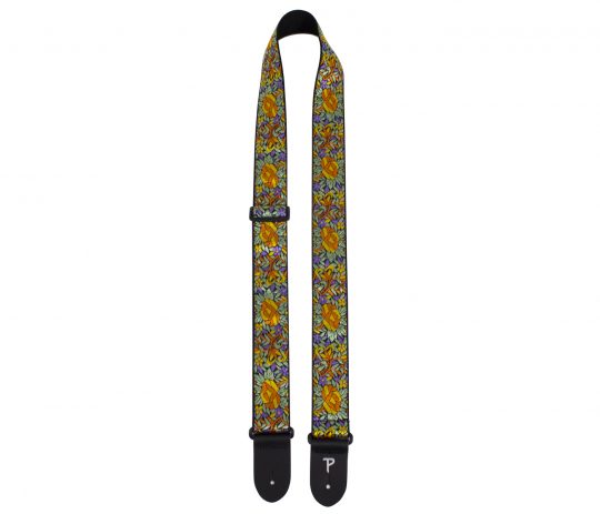 2" Multicolored Flower Pattern High Quality Jacquard Ribbon Guitar Strap. Sewn on Tubular Webbing With Leather Ends. Tri glide adjustable length from 39" to 58"