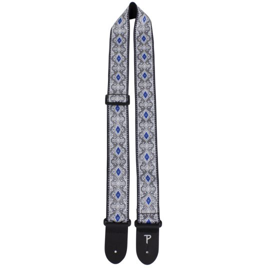 2" Blue Pattern High Quality Jacquard Ribbon Guitar Strap. Sewn on Tubular Webbing With Leather Ends. Tri glide adjustable length from 39" to 58"