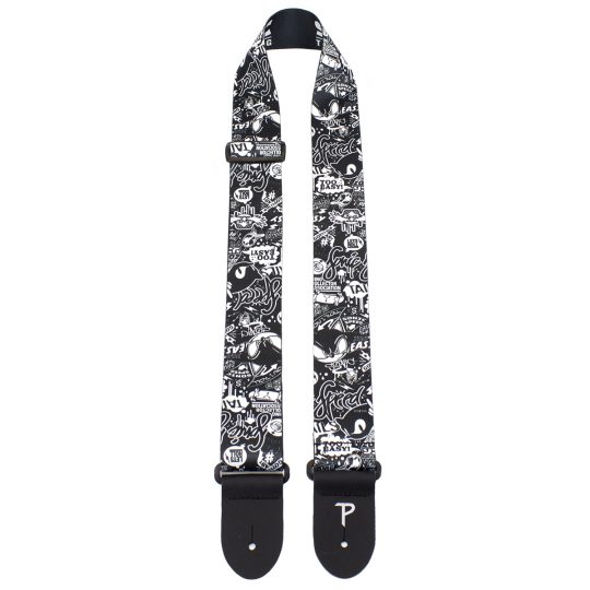 Sonic The Hedgehog Black and White Pattern guitar strap. 2" Heat Transfer Design on Polyester Webbing. Adjustable Length 39" to 58"