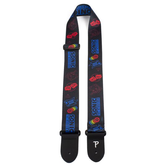 Sonic The Hedgehog Blue and Red Pattern guitar strap. 2" Heat Transfer Design on Polyester Webbing. Adjustable Length 39" to 58"