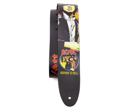 2.5” Official Licensing AC/DC Highway To Hell Direct To Leather Printed Guitar Strap. Adjustable length of 52” to 59”
