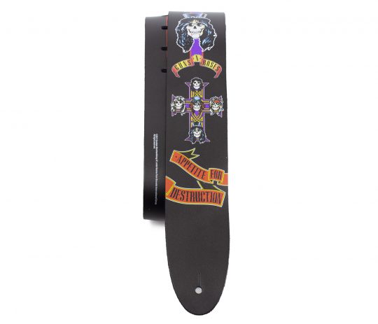 2.5” Official Licensing Guns N' Roses Appetite For Destruction Direct To Leather Printed Guitar Strap. Adjustable length of 52” to 59”