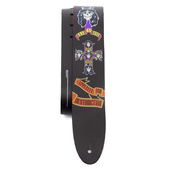 2.5” Official Licensing Guns N' Roses Appetite For Destruction Direct To Leather Printed Guitar Strap. Adjustable length of 52” to 59”
