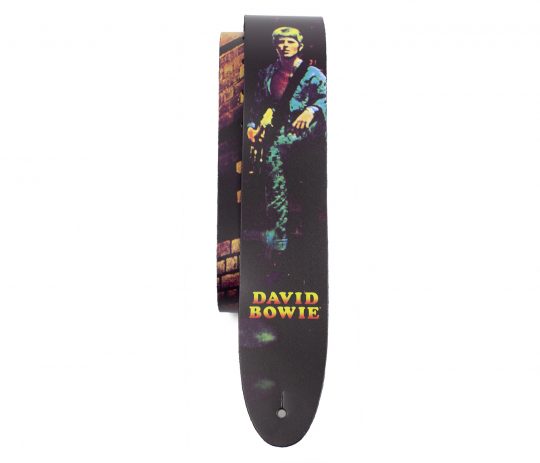 2.5” Official Licensing David Bowie Ziggy Stardust Direct To Leather Printed Guitar Strap. Adjustable length of 52” to 59”
