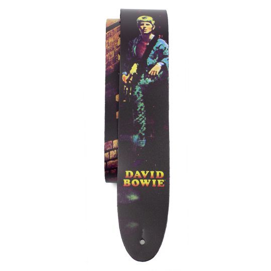 2.5” Official Licensing David Bowie Ziggy Stardust Direct To Leather Printed Guitar Strap. Adjustable length of 52” to 59”