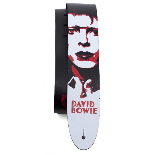 2.5” Official Licensing David Bowie 1972 Direct To Leather Printed Guitar Strap. Adjustable length of 52” to 59”