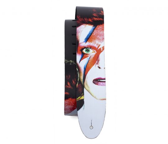 2.5” Official Licensing David Bowie Aladdin Direct To Leather Printed Guitar Strap. Adjustable length of 52” to 59”