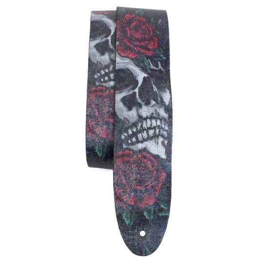 2.5” Skull And Roses Distressed Direct To Leather Printed Guitar Strap. Adjustable length of 52” to 59”