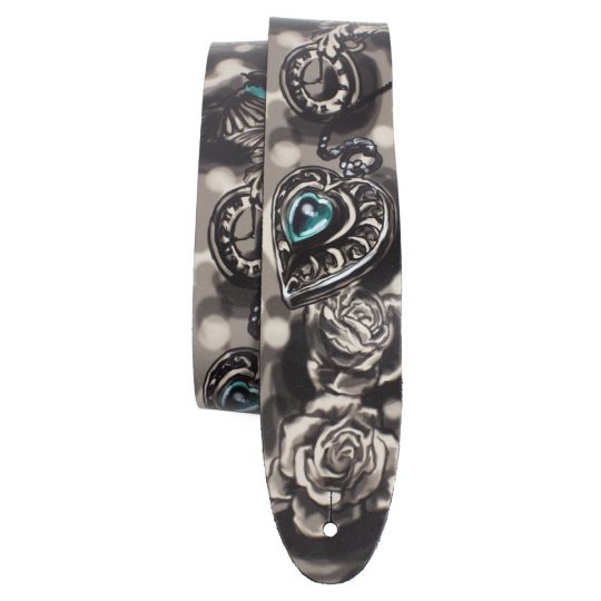 2.5” Heart and Roses Tattoo Sleeve Design Direct To Leather Printed Guitar Strap. Adjustable length of 52” to 59”
